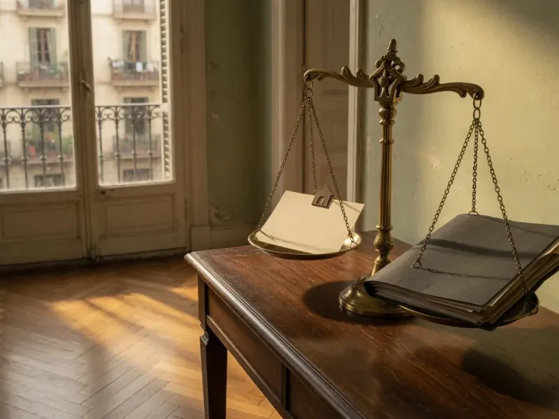 Balanza antigua de latón que compara una ficha de anuncio delgada con una carpeta más gruesa de compraventas comparables en un piso de Barcelona