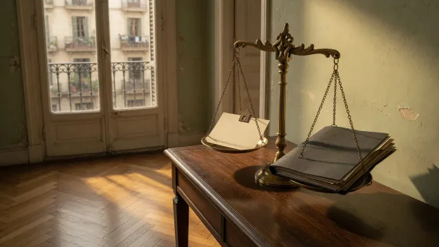 Antique brass balance scale comparing a thin listing card with a thicker comparable-sales folder in a Barcelona apartment