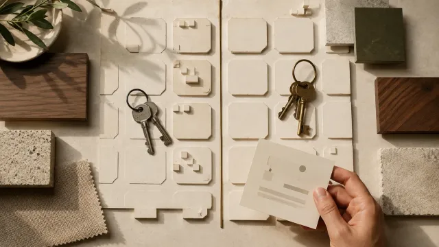 Top-down model of chamfered Eixample blocks beside two sets of keys, material samples and a hand holding a card