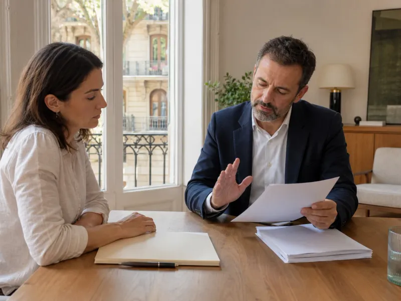 Real estate adviser calmly pausing a buyer before reviewing property documents in a Barcelona apartment
