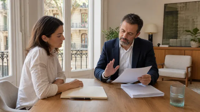 Asesor inmobiliario pausando con calma a un comprador antes de revisar documentos de una vivienda en Barcelona