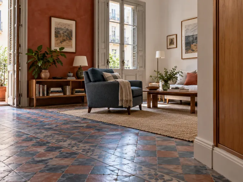 Barcelona living room from entrance: hydraulic floor tiles, wooden cupboard at right, blue armchair, open balcony doors.