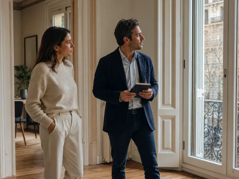 Propietaria y asesora inmobiliaria revisando la luz, la distribución y las ventanas durante una valoración en Barcelona