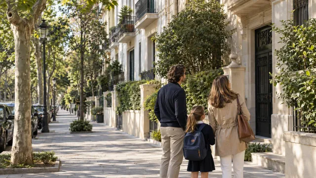 Gezin loopt langs een groene woonstraat met appartementsgebouwen in Barcelona