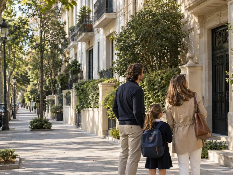 Una familia con un niño en edad escolar pasea por una calle residencial arbolada de Barcelona