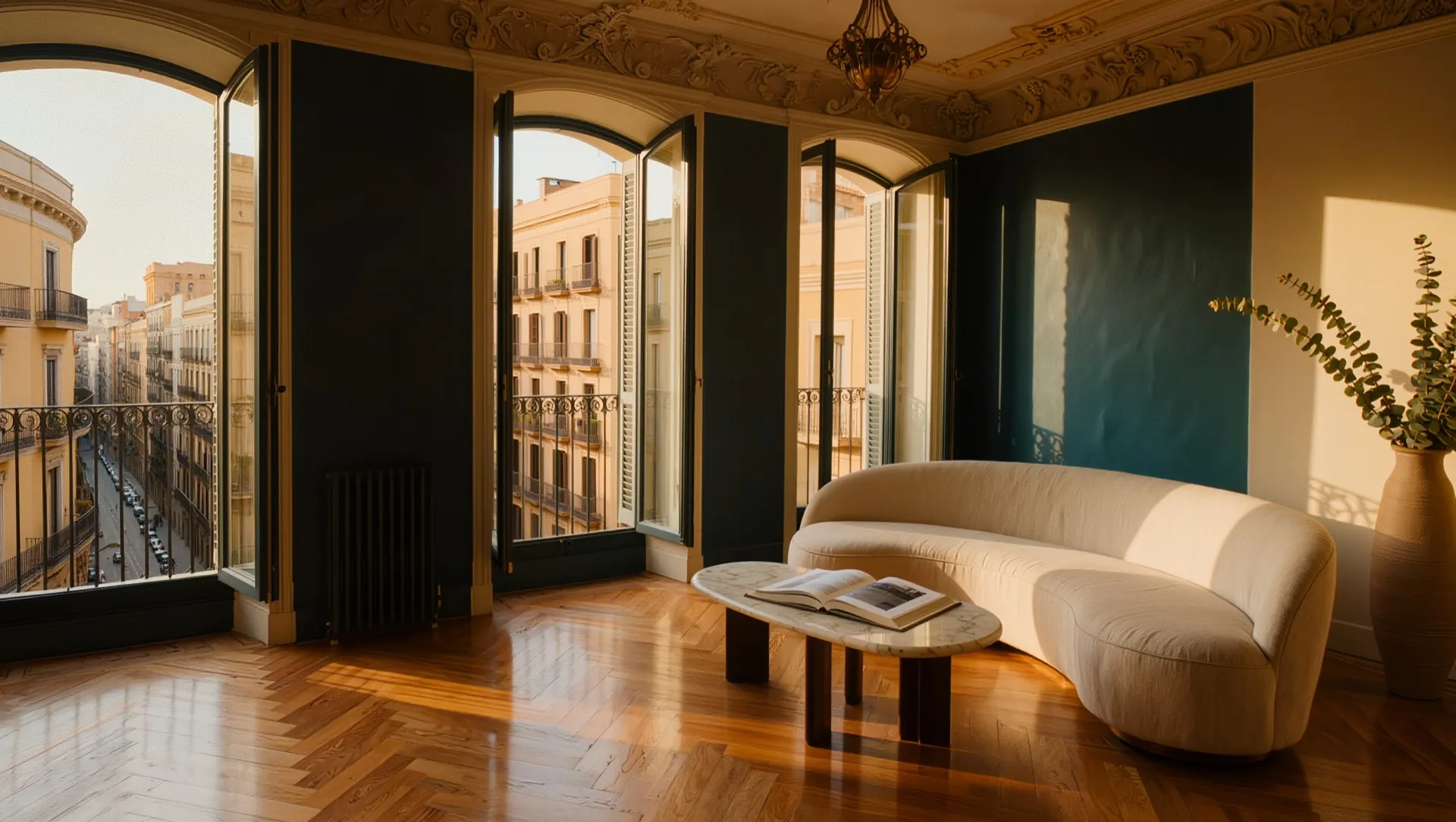 Living room of an Eixample flat with balconies open to the street
